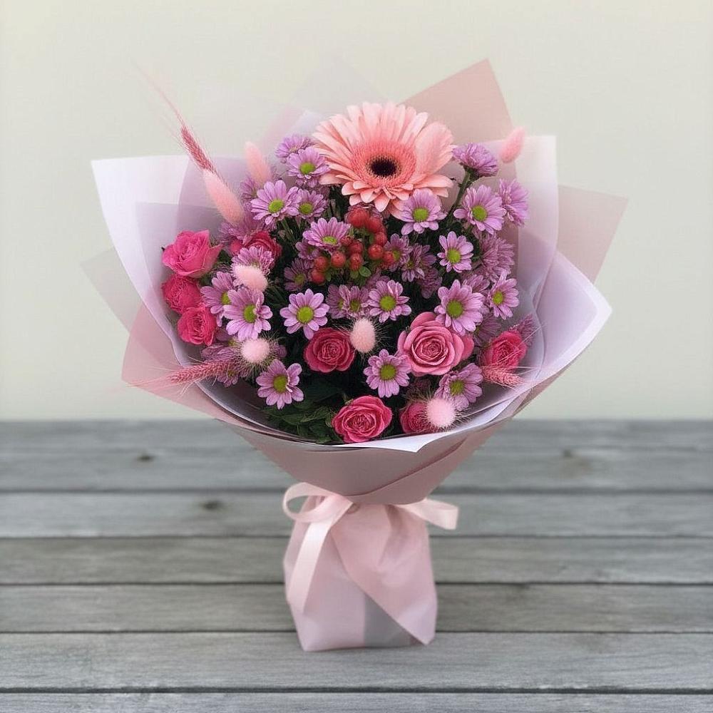 Букет цветов из: Розы, Герберы и Хризантемы в Городце