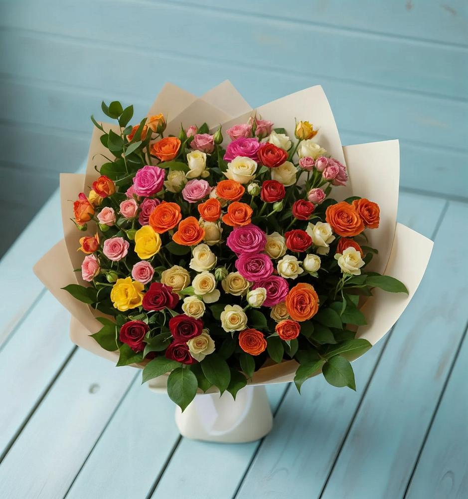 Букет Микс из разноцветных кустовых роз в Городце