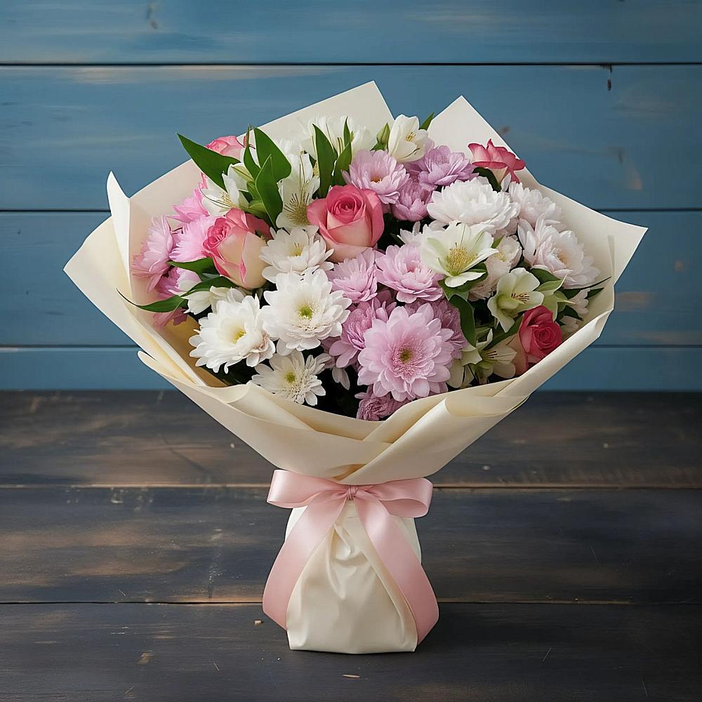 Букет цветов из: Хризантемы, Альстромерии и Розы в Городце